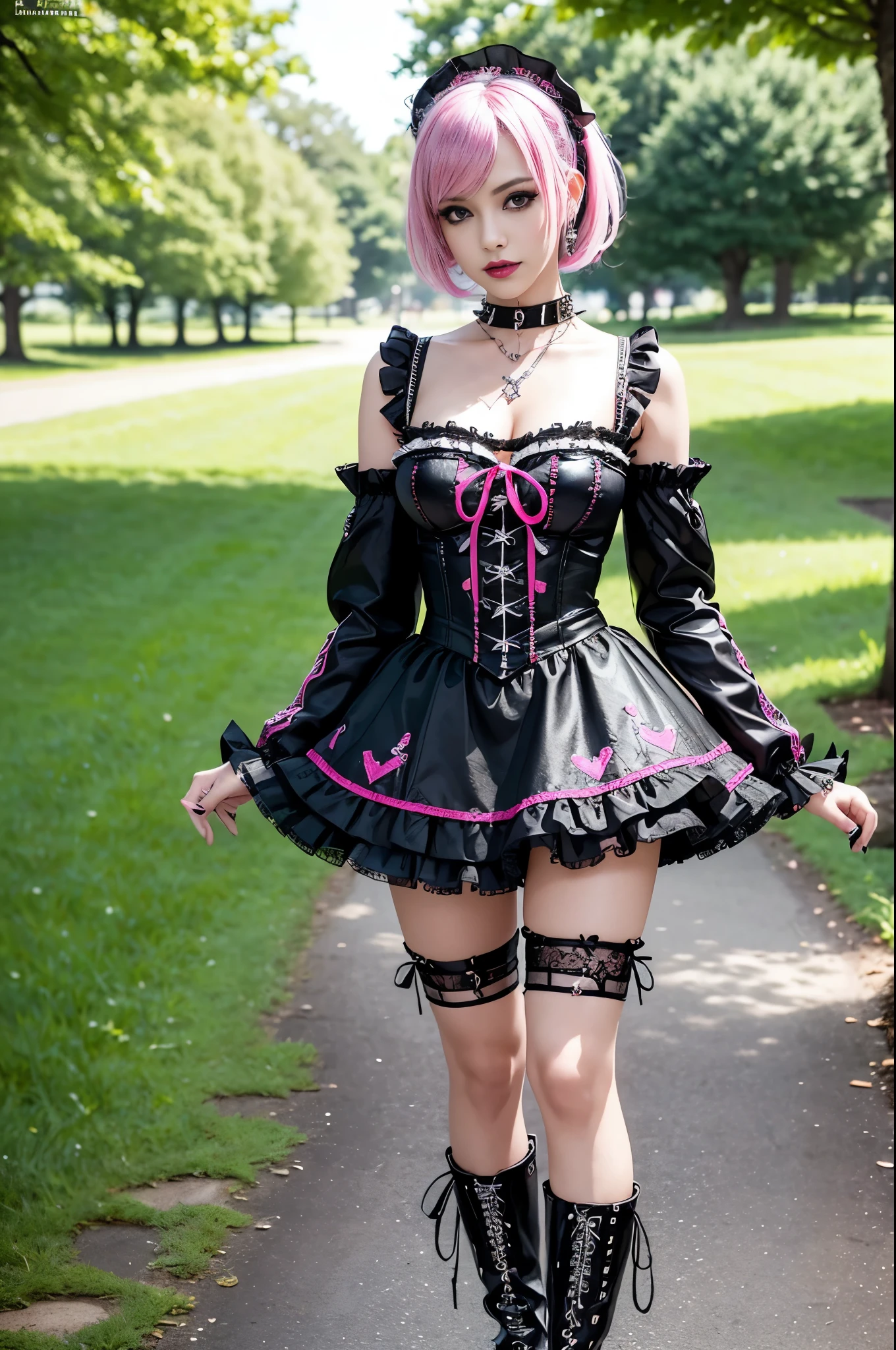 sexy stylish Swedish model, only 1 female, ((doll-like appearance)), short neon pink stylish hair, ((shiny Punk-Style boots)), (beautiful smile), ultra detailed eyes, Punk makeup, lip-gloss, ((sexy Punk ta cosplay)), unconventional skirt, petticoats, high neckline, ((ultra detailed lace)), ((ultra detailed embroidery)), intricate details, tartan patterns, Punk Loliccessoires, Punk Lolita cr, ((large sparkling Punk Lolita jewel, cinematic light, detailed sunny large park background with trees