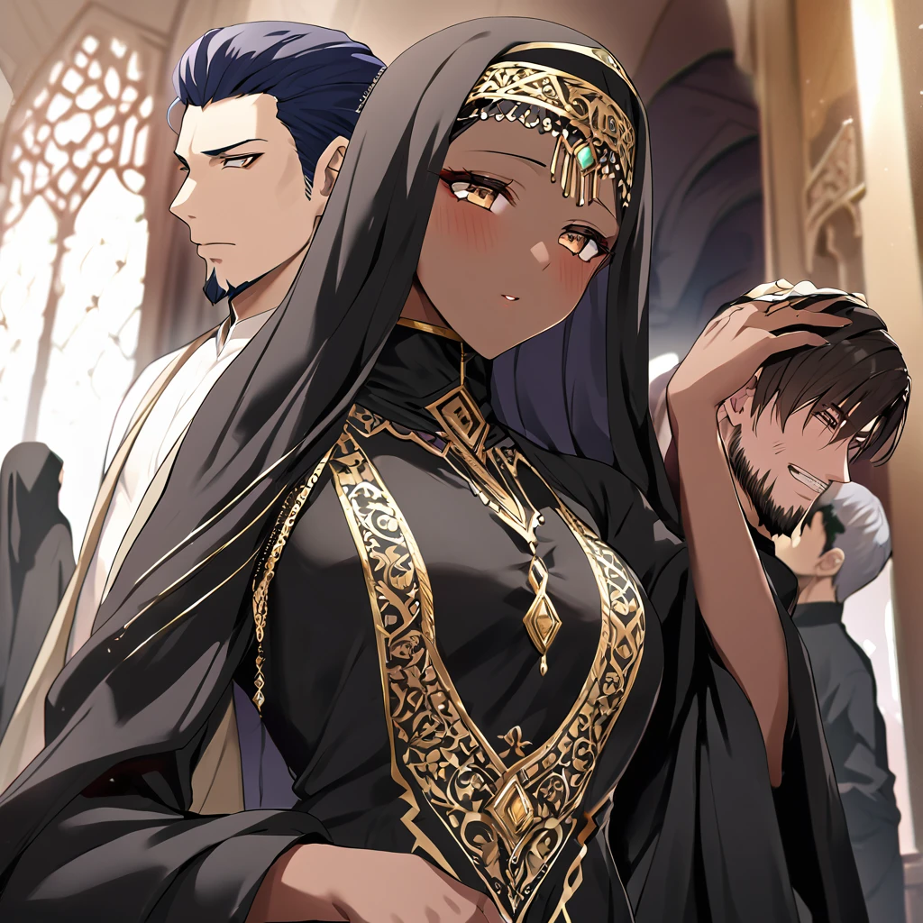 ((Highest quality)), ((masterpiece)), (detailed), （Perfect Face）、Women must wear black hijabs and niqabs、The woman is Momo Beria Deviluke, a devout Muslim., Arab with bright brown skin, In an Islamic prayer hall、She wears a gorgeous black abaya with gold embroidery.。, A gorgeous black hijab and niqab tightly covers her head, Gorgeous hair ornament, Gorgeous jewellery and engagement rings. The woman and the man are in a luxurious palace, And the woman、Wearing Arab national dress、In an Islamic prayer hall with a dignified bearded middle-aged Arab Muslim man。.、The woman is the elegant Momo Belia Deviluke., Pink short hair, Black abaya and、She is wearing a gorgeous, skin-tight black hijab and niqab.. She is a devout Muslim Arab with vibrant brown skin.。.、（The woman was named Momo Belia Deviluke.、He is a dark-skinned Arab and a devout Muslim.。.）