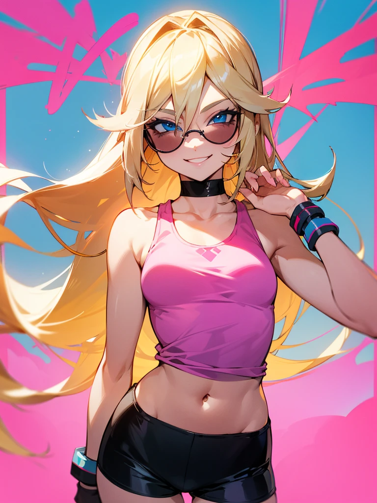 Pink tank top, black hot pants, long blonde hair, sunglasses, smiling, blue eyes