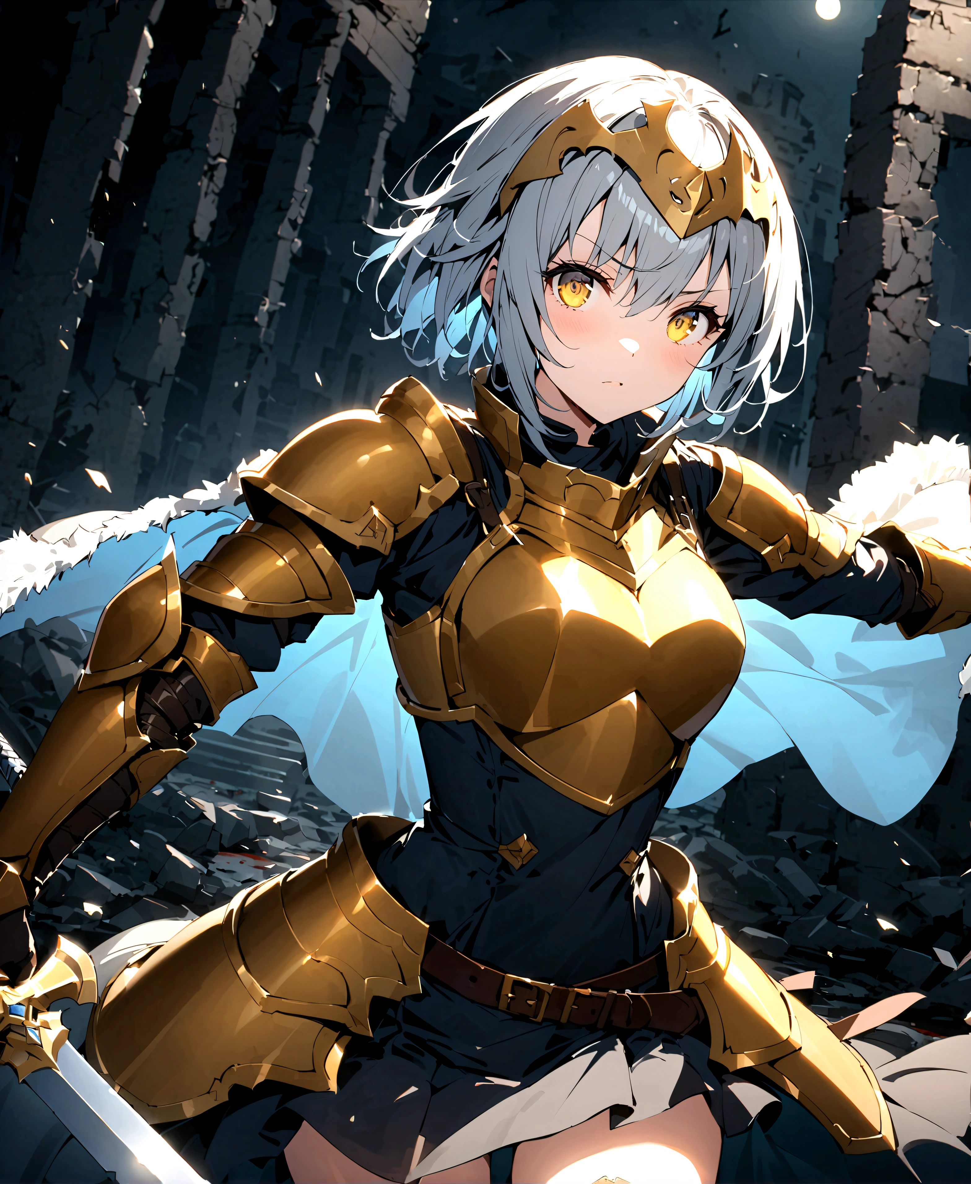 score_9、score_8_up、score_7_up、BREAK Face forward、One woman、Jeanne_Armored、solo、Cowboy Shots、Dynamic pose、Holding a sword、Beautiful Face、Gray Hair、short hair、Yellow Eyes BREAK Black Armor、Headpiece、breastplate、Short Dresses、Skirt with armor、Arm guard、Underbust、Metal collar、fur-trimmed capelet、Cape、belt、Scabbard BREAK Exquisite details、Dramatic lighting、Extreme Details、night、moonlight、ruins、Blood splatter、、、