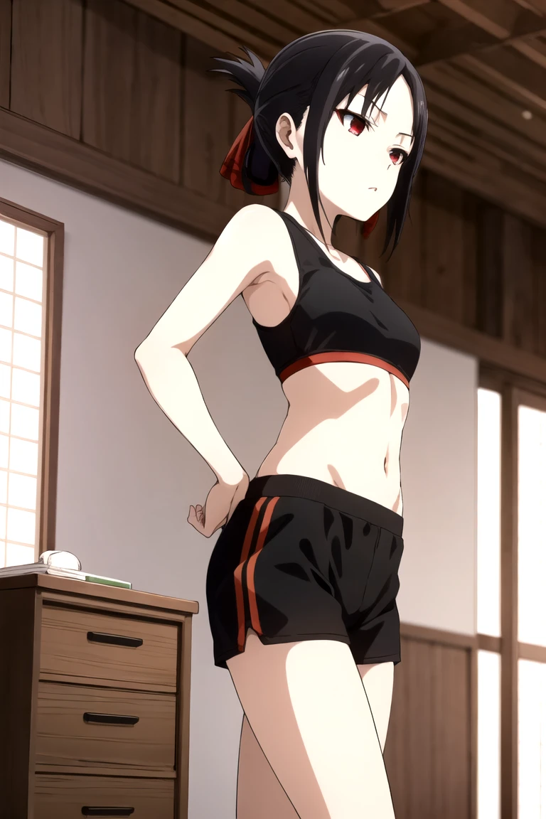 Shinomiya Kaguya, Shinomiyakaguya, Red eyes, small breasts, list brook, black fur, Red eyes, black sports bra, small black sports shorts , small black sports shorts 