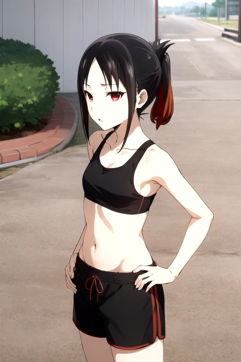 Shinomiya Kaguya, Shinomiyakaguya, Red eyes, small breasts, list brook, black fur, Red eyes, black sports bra, small black sports shorts , small black sports shorts 