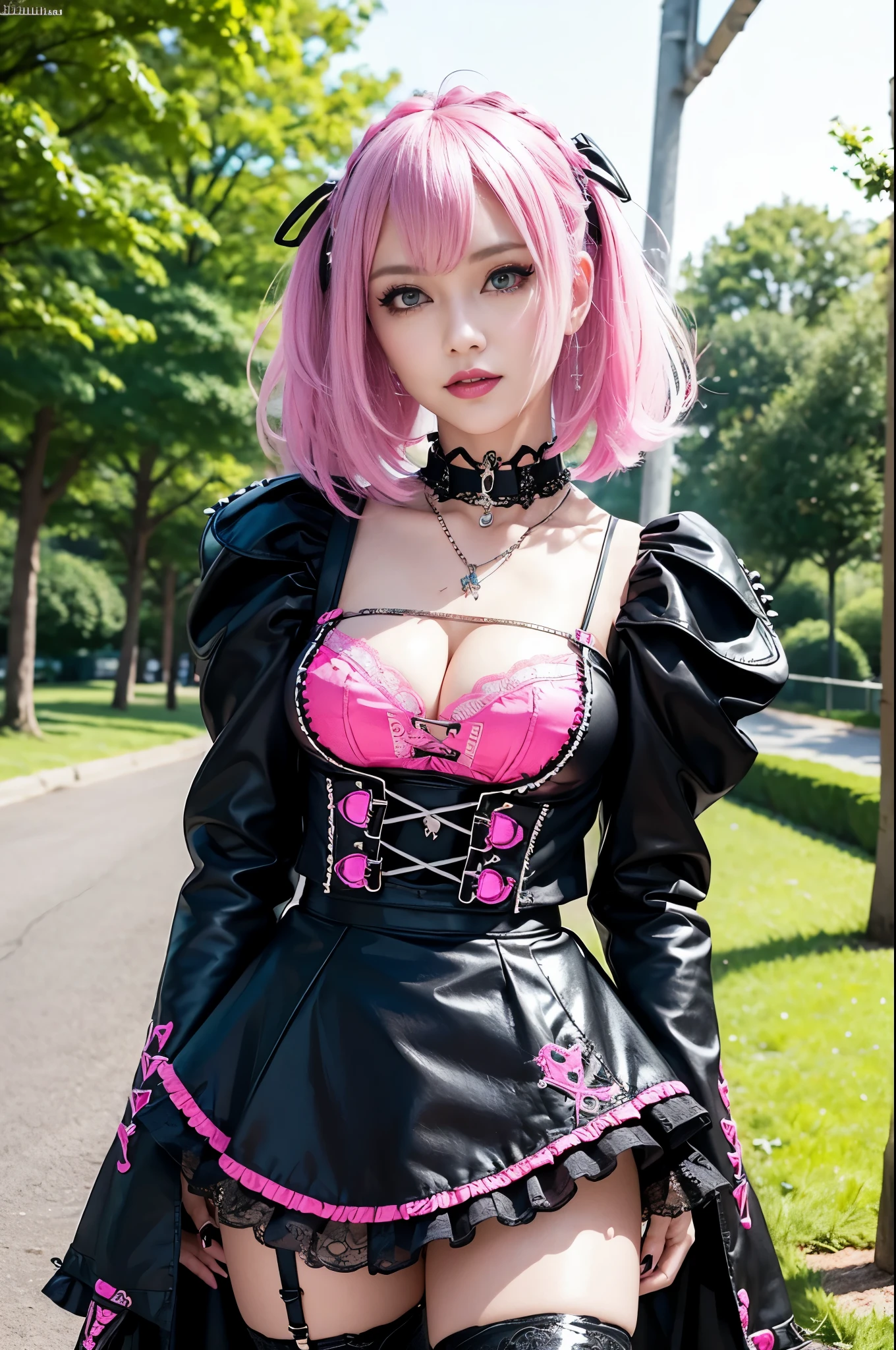 sexy stylish Swedish model, only 1 female, ((doll-like appearance)), short neon pink stylish hair, ((shiny Punk-Style boots)), (beautiful smile), ultra detailed eyes, Punk makeup, lip-gloss, ((sexy Punk ta cosplay)), unconventional skirt, petticoats, high neckline, ((ultra detailed lace)), ((ultra detailed embroidery)), intricate details, tartan patterns, Punk Loliccessoires, Punk Lolita cr, ((large sparkling Punk Lolita jewel, cinematic light, detailed sunny large park background with trees