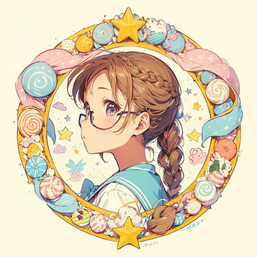 Circular emblem{star、ribbon、unicorn、candy、rainbow}、A girl with a single braided hairstyle{Glasses、Brown Hair、Brown eyes、Light blue sailor suit}