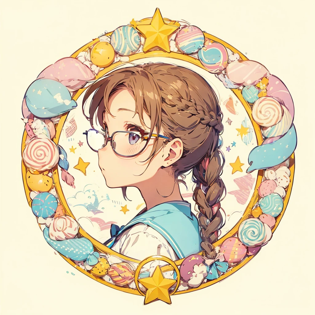 Circular emblem{star、ribbon、unicorn、candy、rainbow}、A girl with a single braided hairstyle{Glasses、Brown Hair、Brown eyes、Light blue sailor suit}