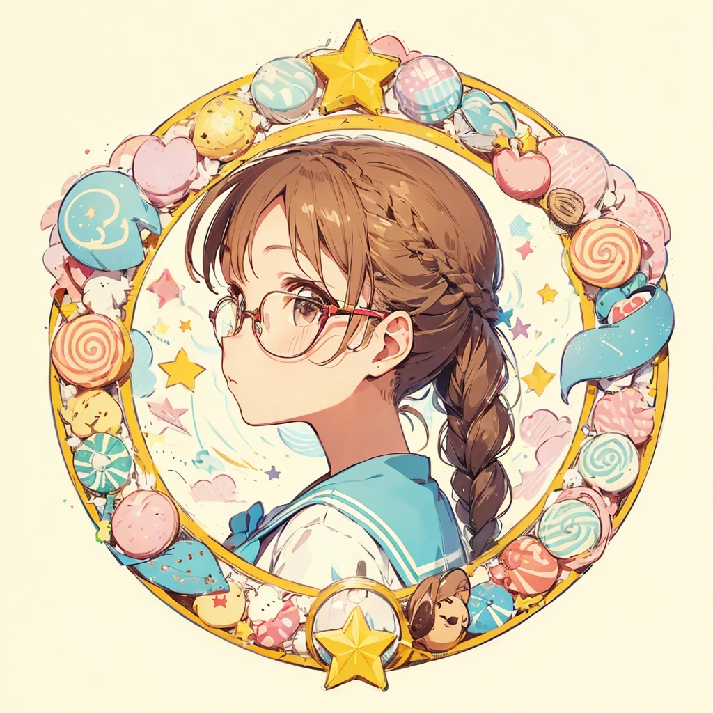 Circular emblem{star、ribbon、unicorn、candy、rainbow}、A girl with a single braided hairstyle{Glasses、Brown Hair、Brown eyes、Light blue sailor suit}