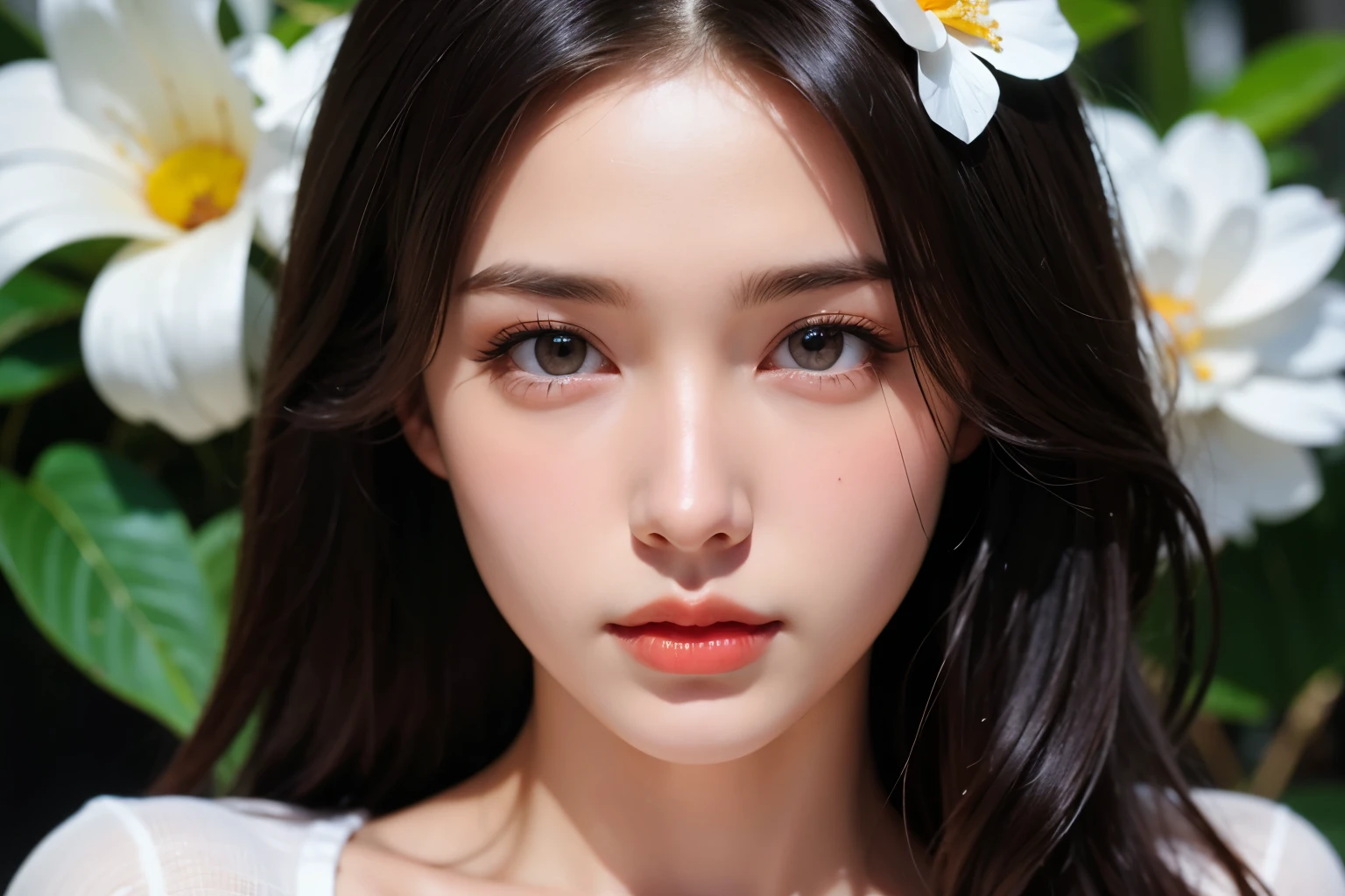realistic shadows, detailed skin,big breasts, black hair, very detailed, 8k highly detailed face, perfect face shape, full perfect lips, perfect nose, correct beautiful eyes, watching viewer, white shirt, hair flowers, masterpiece, best quality, single girl, no bra, no panty, solo