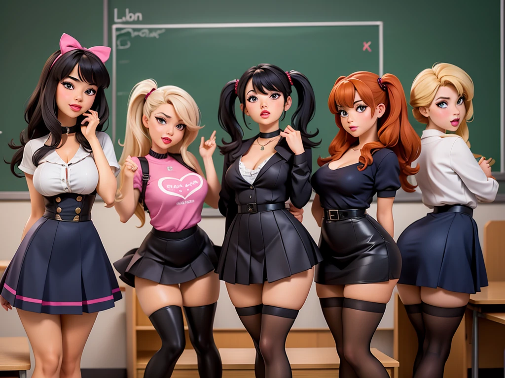 A sexy group of ****ta girls are standing inside the classroom during the lesson while the teacher is at the blackboard, wearing dresses, privateers, , tight leggings, stockings with hooks, high heels, still lifes, knee high boots, Chokers, vivid lipsticks and eyeliners and hard makeup, touching, only women in the photo, full body shot, shot from behind