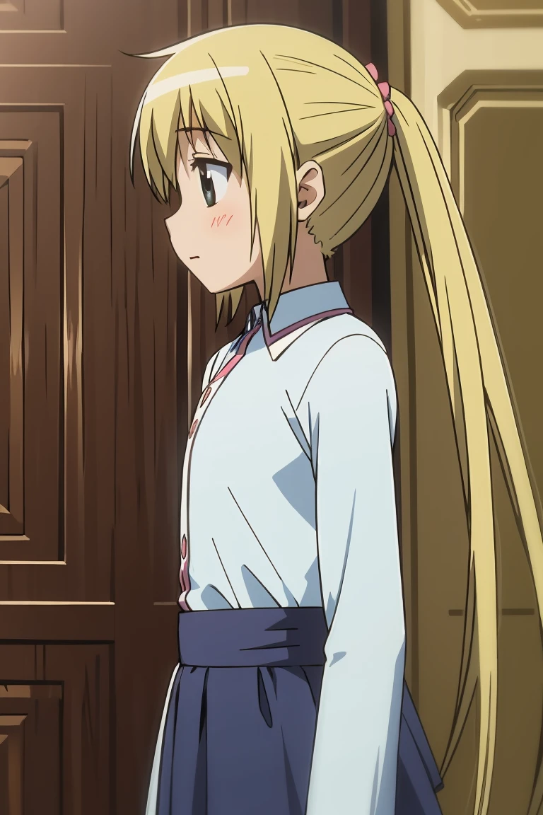 young girl,thin and small, flat chest,blonde with two tails on the sides of her head 