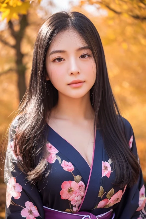 Super super realistic、high quality、Very detailed、Ultra-high resolution、Black Hair、Long Hair、The Beauty of Japan、No makeup、double、Wide-set eyes、Sensual eyes、Sleepy eyes、Apple Cheeks、Alabaster peel、Thin eyebrows 、teeth、Thick lips、sad、behind、Embarrassing 、Apply blush all over the face、Sticking out tongue、Mole under eye、Half-closed eyes、Hollow Eyes、envy、Exhausted、19 years old、height: 147cm、she wearing deep purple and black kimono、standing in autumn leaves 、sunlight、full body、blue sky、glint、