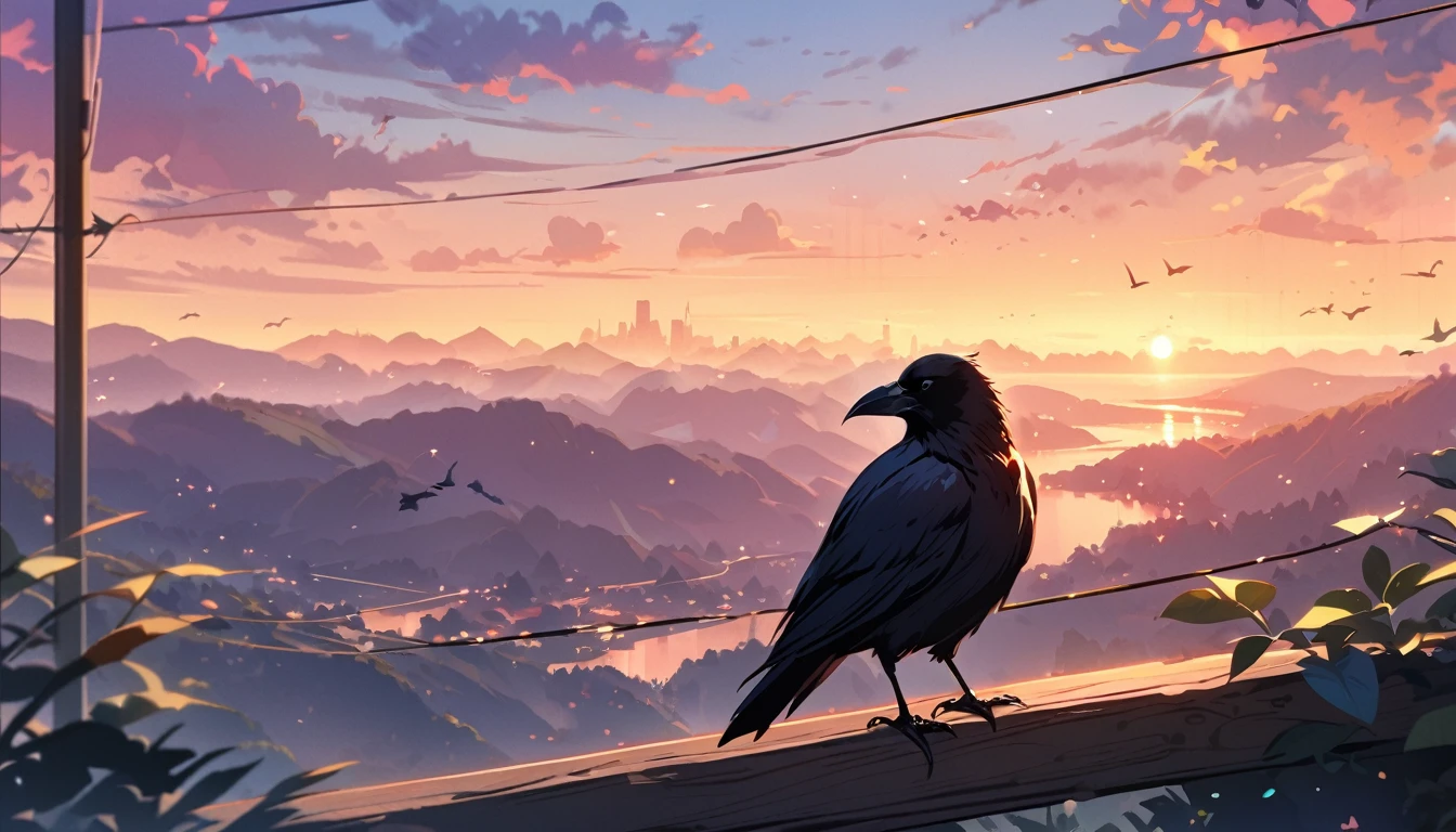 Solo, no humans, animals, Crow, animal-centered, masterpiece, highest quality, cute, detailed description, natural scenery, relaxing,Electrical wire,evening