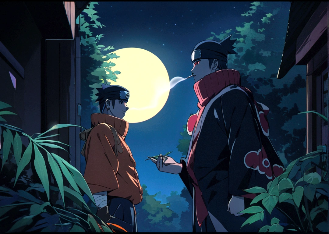 (((Authentic Naruto with Akatsuki outfit))) smoking weed outside at night, on a full moon night. cena ultra wide 4k 90s