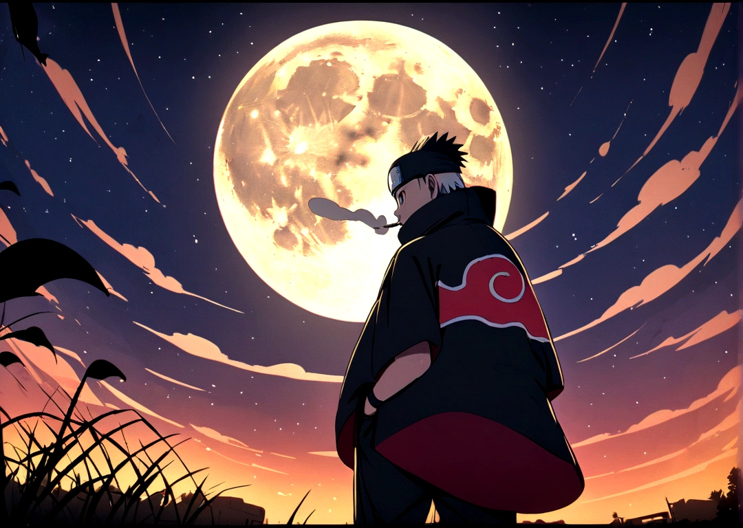 (((Authentic Naruto with Akatsuki outfit))) smoking weed outside at night, on a full moon night. cena ultra wide 4k 90s