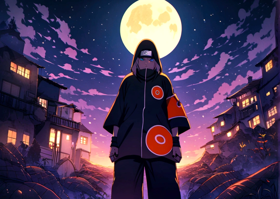 (((Authentic Naruto with Akatsuki outfit))) smoking weed outside at night, on a full moon night. cena ultra wide 4k 90s