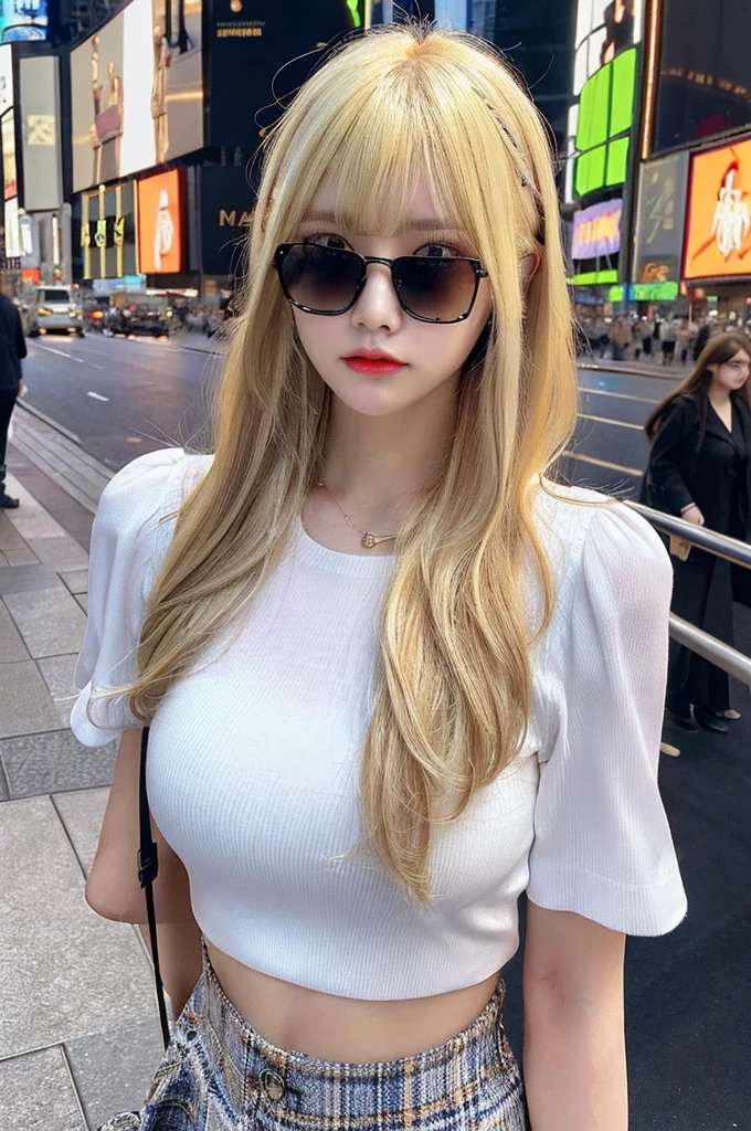 8k, highres, UHD, best quality, soft light, ultra highres, (photorealistic:1.4), RAW photo,(high resolution detail of human skin texture), realistic, gigantic breasts, white dress shirt, short sleeves, cropped shirt, very long hair, straight hair, (blonde hair:1.4), (blue eyes:1.15), blunt bangs, tight denim skirt, micro mini skirt, wristwatch, necklace, sunglasses on forehead,
1japanese girl, solo, (pupil, lights in the eyes), detailed beautiful face, Facing front, Body facing forward, looking at viewer, annoyed, standing, cowboy shot, navel, thighs, black pantyhose,
outdoors, Walking in Times Square, crowd,