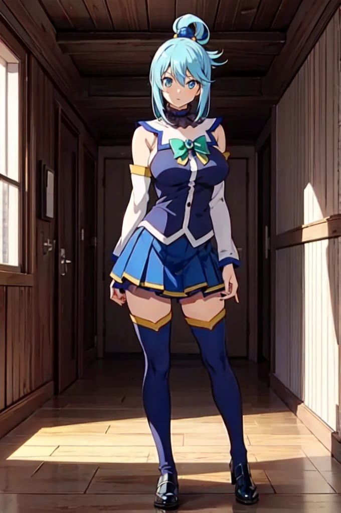  anime girl aqua from konosuba ,busty  with thick thighs and big ass bigger than thighs and head and body , ass view, hyper ass with  long hair , blue skirt 