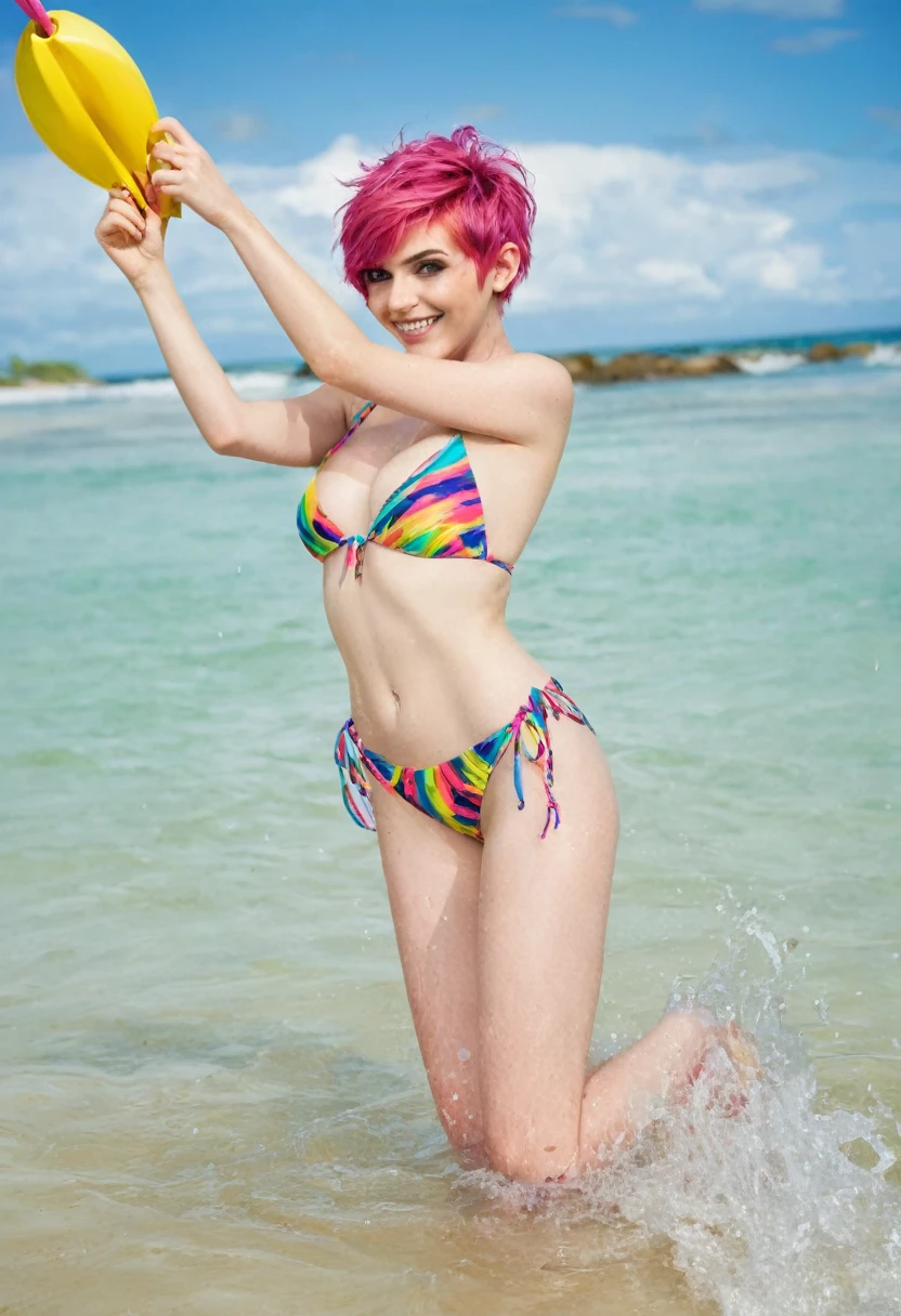 beautiful young woman of 20 years (cute acid pixie:1.4), pink hair, voluminous 80's hair, Blue eyes, photorealistic skin texture, seductive smile, (big tits:1.4), (colorful slingshot bikini:1.5), playing in the water next to a tropical beach, (whole body:1.6)