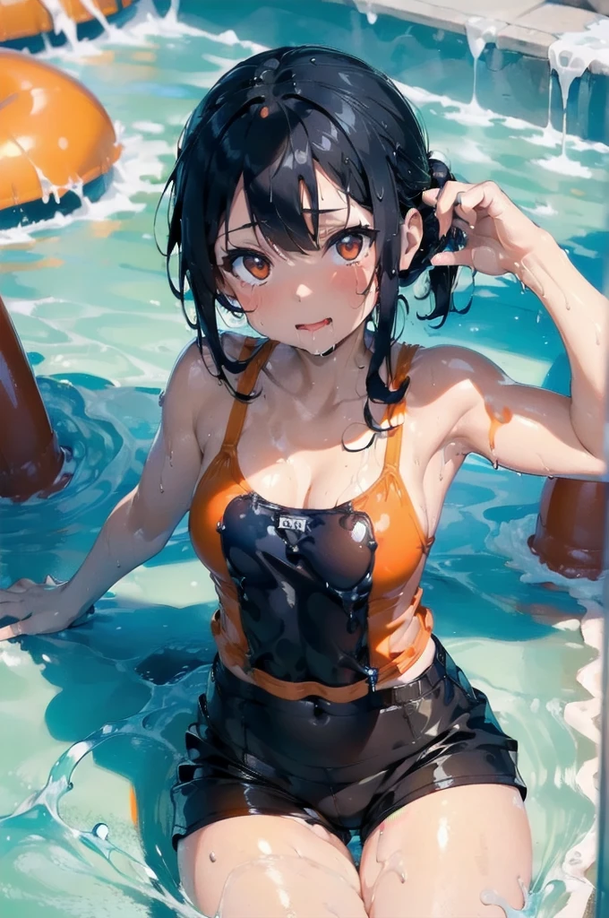 (Dripping wet with slippery liquid lotion:1.4),Orange swimsuit(Orange camisole,Navy blue piping),Navy blue shorts,Black Hair,Water playground in the park