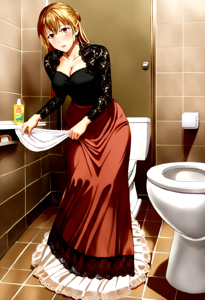 (1 girl, have to pee, pissing herself, pissing, pissing self, I really desperately want to pee, have to pee, have to pee, pissing, pissing self, pissing, pissing self:1.5), (Girl in the toilet, toilet behind the girl, long dress, Lace bolero, long skirt, underskirt, foot products, have to pee, knees together and legs apart, Skirt lift, Undressing panties:2), (hand between legs, leaning forward:1.5), (To shrug:2), (erotic body turn:1.5), (impatient, timid, blush all over the face, embarrassed, choky, panic, wet eyes:1.5), (the girl can&#39;t stand straight:1.6), (Best quality:2), (detailed face, draw up, lips), Above