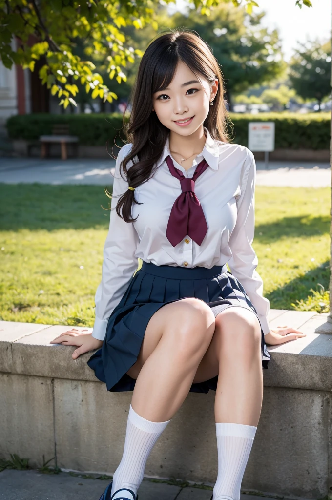 Pure Japanese school girl, wearing uniforms and blouse and skirt and socks and loafers, natural makeup, natural hair styles, sweet smile, sexual attractive, sitting and relaxing in morning park, lift up skirt, professional portrait photography, dazzling summer sunlight, 