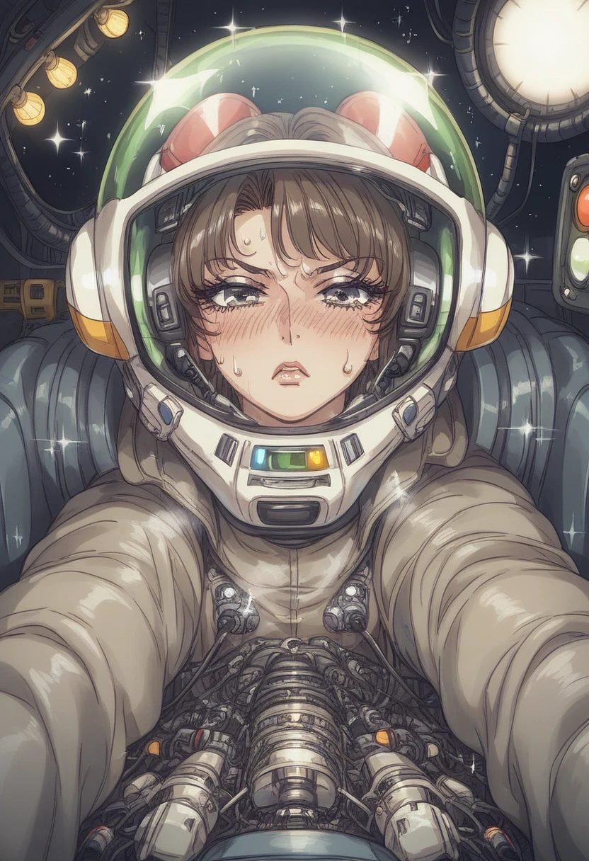 score_9, score_8_up, score_7_up, ((gothic vampire piloting in gothic spacecraft)), vintage anime, ((from below)), ((120 fov)), ((((gothic)) control panels)), ((mature)), (((gothic))), iridescent bodysuit, ((lace accessories)), ((pilot seat)), ((((lying back)) pose)), ((elegant)), (((serious tone))), futuristic, ((cockpit top control panel)), intricate control panel details, 1990s (style), [blushing], sweat, ((claustrophobic)), sparkles, screens, (pilot helmet), ((hands on controls)), ((cockpit lights)), fisheye view