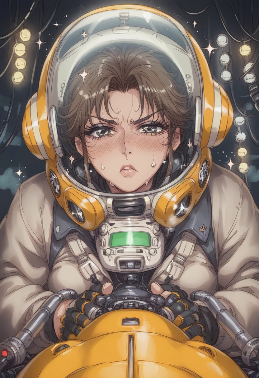 score_9, score_8_up, score_7_up, ((gothic vampire piloting in gothic spacecraft)), vintage anime, ((from below)), ((120 fov)), ((((gothic)) control panels)), ((mature)), (((gothic))), iridescent bodysuit, ((lace accessories)), ((pilot seat)), ((((lying back)) pose)), ((elegant)), (((serious tone))), futuristic, ((cockpit top control panel)), intricate control panel details, 1990s (style), [blushing], sweat, ((claustrophobic)), sparkles, screens, (pilot helmet), ((hands on controls)), ((cockpit lights)), fisheye view
