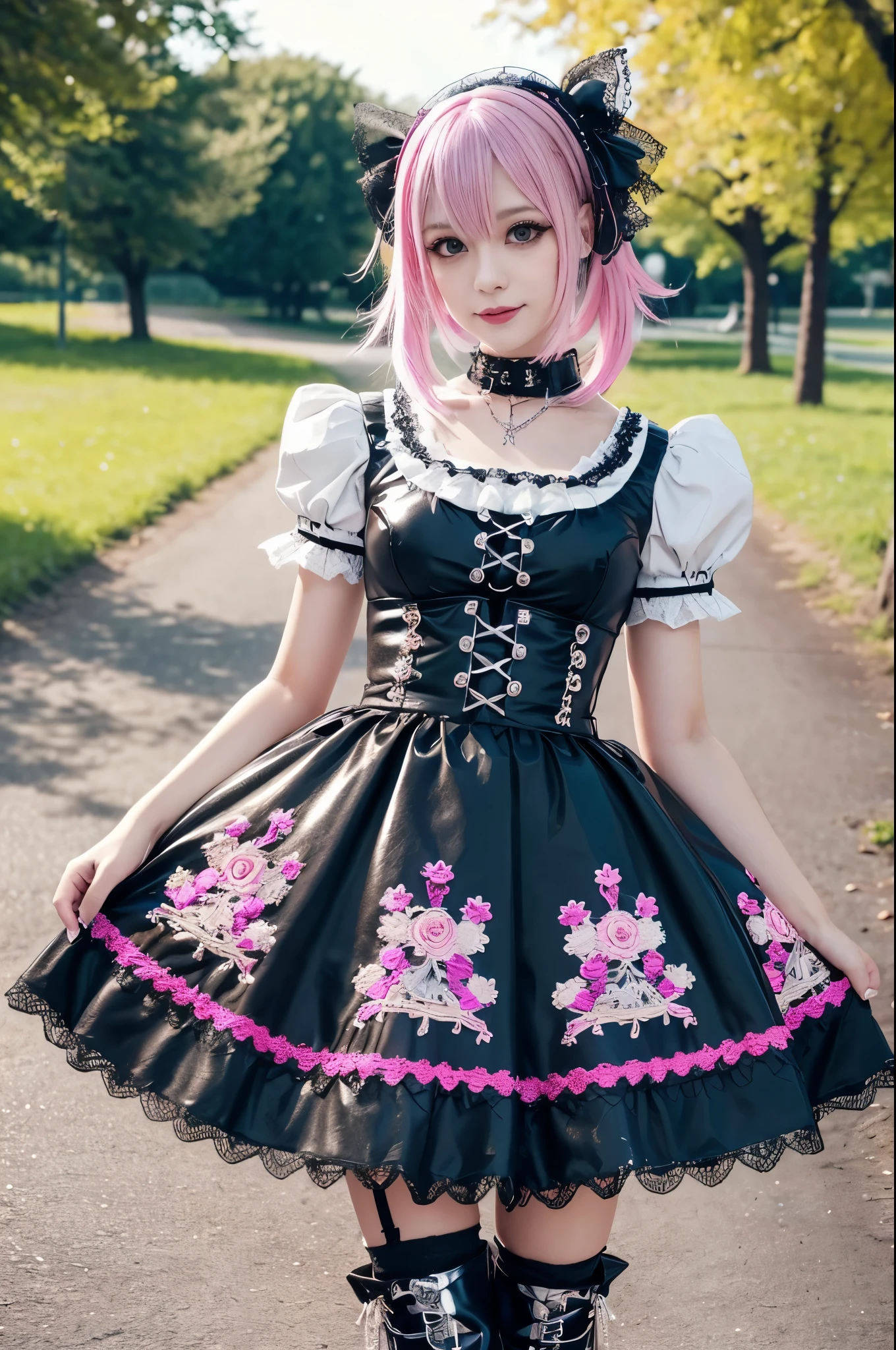 sexy stylish Swedish model, only 1 female, ((doll-like appearance)), short neon pink stylish hair, ((shiny Punk-Style boots)), (beautiful smile), ultra detailed eyes, long lashes, metallic makeup, lip-gloss, ((sexy Punk ta cosplay)), unconventional skirt, petticoats, high neckline, ((ultra detailed lace)), ((ultra detailed embroidery)), intricate details, tartan patterns, Punk Loliccessoires, Punk Lolita cr, ((large sparkling Punk Lolita jewel, cinematic light, detailed large park background with trees