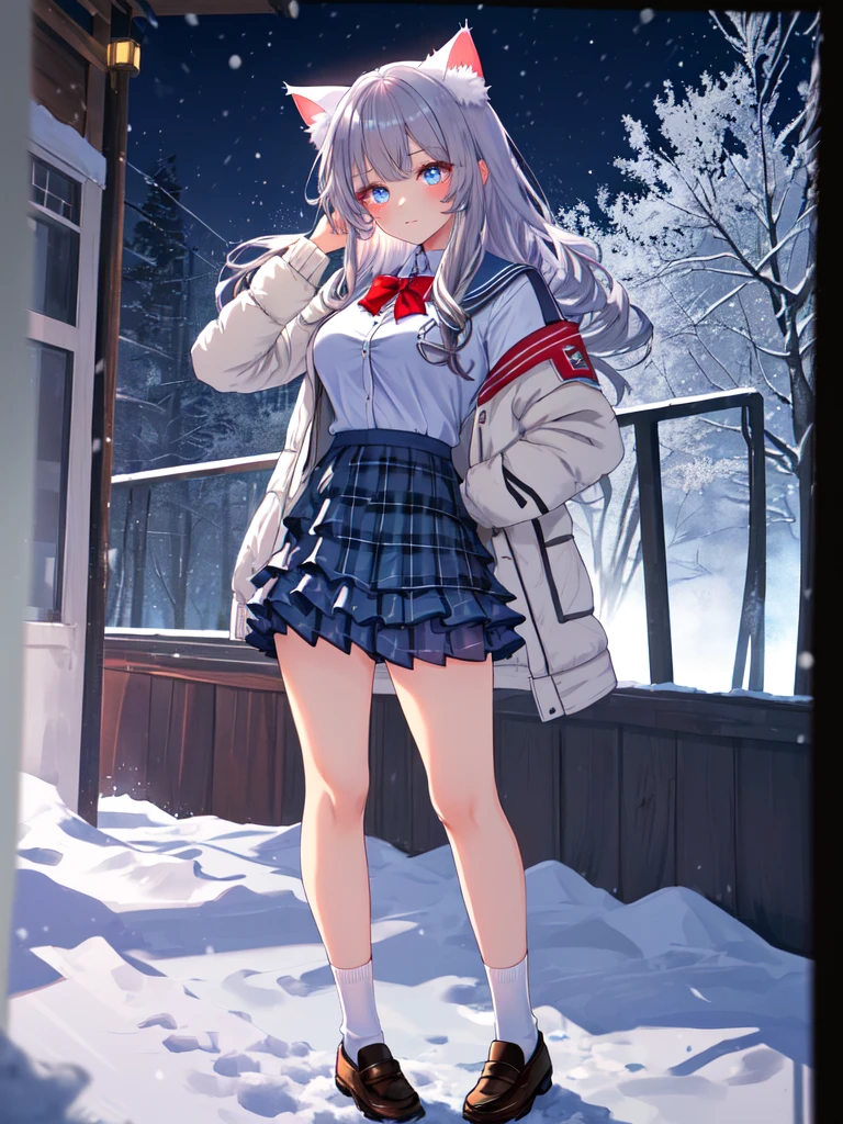 (sunaookami shiroko:1.2), {{{{masterpiece, extremely detailed, intricate details, soft focus, 8K, highres, depth of field, absurdres, high quality facial shadowing, dynamic shadowing, extreme shaders, cinematic lighting, perfect lighting, soft lighting, hazy lighting, blurry foreground, lens flare}}}}, best quality, asian qualities, {front view}, (solo:1.2), (beautiful young girl:1.3), high school girl, {{{extremely detailed girl, perfect anatomy, perfect body}}},(detailed cat ears:1.3), bright neon blue cat ears:1.1, (beautiful-detailed hair:1.3), (dark-silver hair:1.3), long luscious hair, (multi-layered hair:1.5), (hair splayed out:1.2), beautiful-detailed facial structure, detailed beautiful face:1.3, sexy face, cute face, slender facial structure, (detailed face:1.33), big eyes, (detailed glowing eyes:1.1), glowing bright blue eyes, (detailed facial expression:1.1), shy, detailed-slight red blush, (detailed boobs:1.2), medium size , (slim waist:1.1), (slim legs:1.1), standing up, (winter school uniform:1.3), (detailed pure white winter school jacket:1.2), (detailed pure white checkered winter school skirt:1.2), (detailed pure white socks:1.2), (detailed black school shoes:1.3), winter night, (enhanced background:1.4), snow falling at midnight with clear skies overhead with a waterfall in the background, snow on sidewalks with Christmas lights on tree's surrounded the viewer, (full body shot:1.1), hazy photo, (warm photo:1.3)