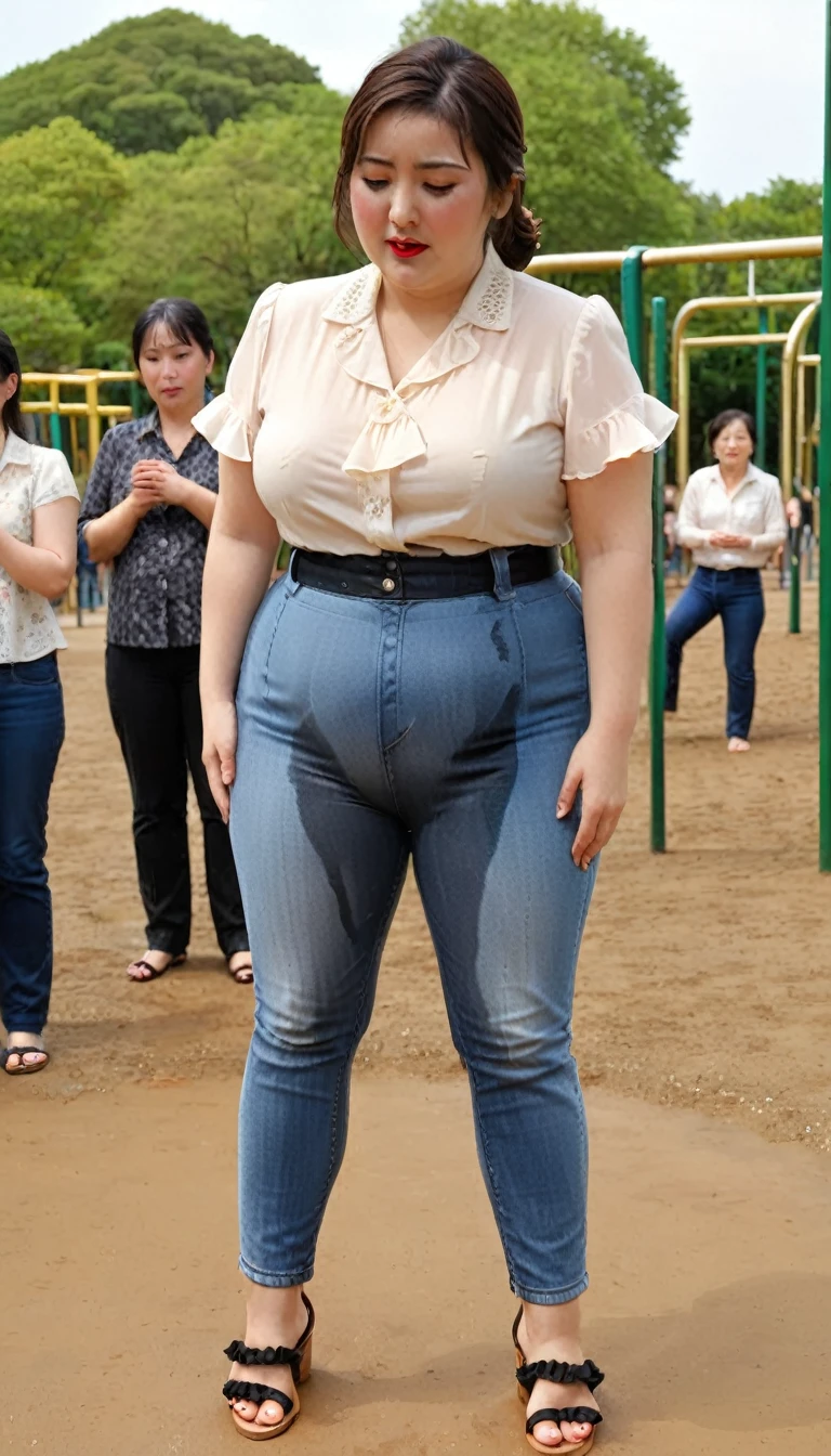 1woman,fullbody,(masterpiece:1.5),photo-realistic,16k,(beautiful 40s japanese plump lady:1.4),(crowded playground:1.6),(frilled blouse:1.5),(jeans:1.3),(sandals:1.5),(handing on wetting crotch with both hands:1.4),(whimpering:1.6),(panicking:1.6),(crying:1.6),(wetting:1.7),(dripping pee:1.4),brown straight medium hair,black eyes,makeup,lipstick,eyeliner,mascara,eyeshadow