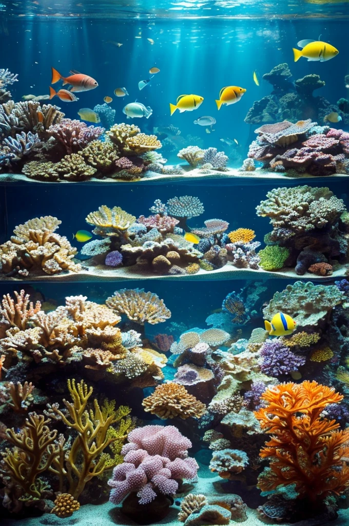 A detailed photograph of an aquarium filled with vibrant marine life. The aquarium features an array of colorful fish, corals, and underwater plants. Fish of various sizes and colors are swimming in different directions, creating a realistic and lively underwater scene. The background is slightly darkened to emphasize the bright colors of the marine life, making the scene look very natural and vivid.