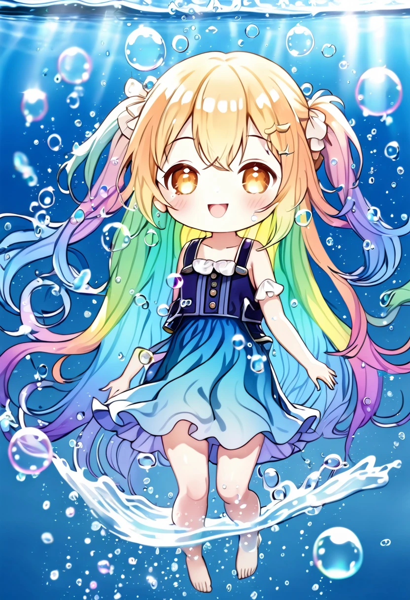 Chibi character in water with lots of bubbles　Lots of big bubbles　Rainbow bubbles　Light blue long hair　Twin-tailed Chibi Character　In crystal clear water　Smiling Girl