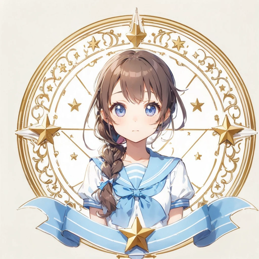 Circular emblem{star、ribbon、unicorn、candy、rainbow}、A girl with a single braided hairstyle{Glasses、Brown Hair、Brown eyes、Light blue sailor suit}