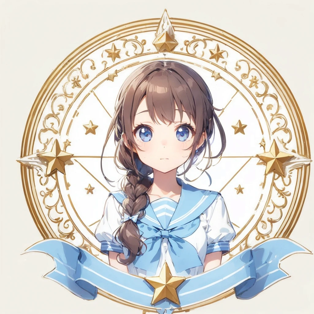 Circular emblem{star、ribbon、unicorn、candy、rainbow}、A girl with a single braided hairstyle{Glasses、Brown Hair、Brown eyes、Light blue sailor suit}