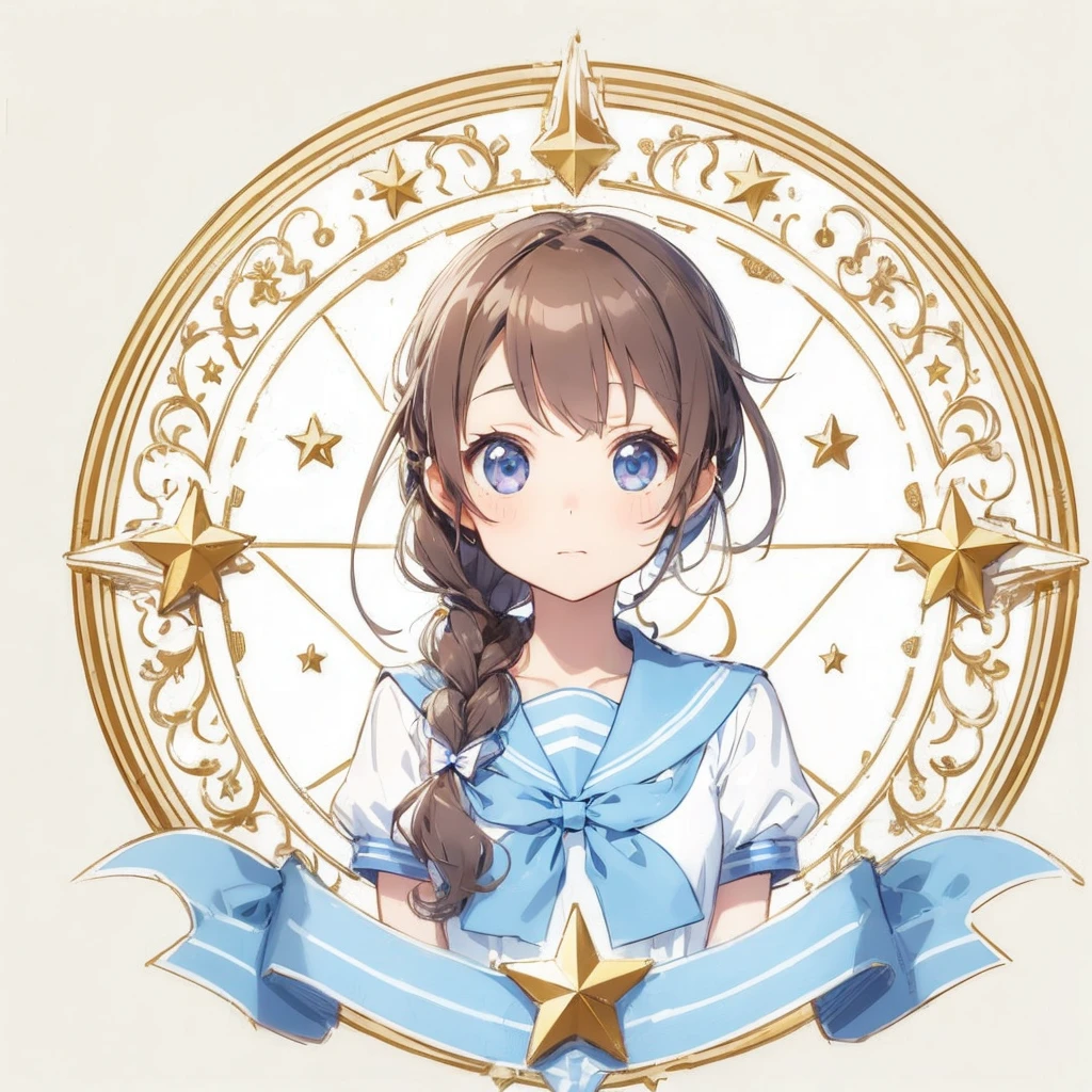 Circular emblem{star、ribbon、unicorn、candy、rainbow}、A girl with a single braided hairstyle{Glasses、Brown Hair、Brown eyes、Light blue sailor suit}