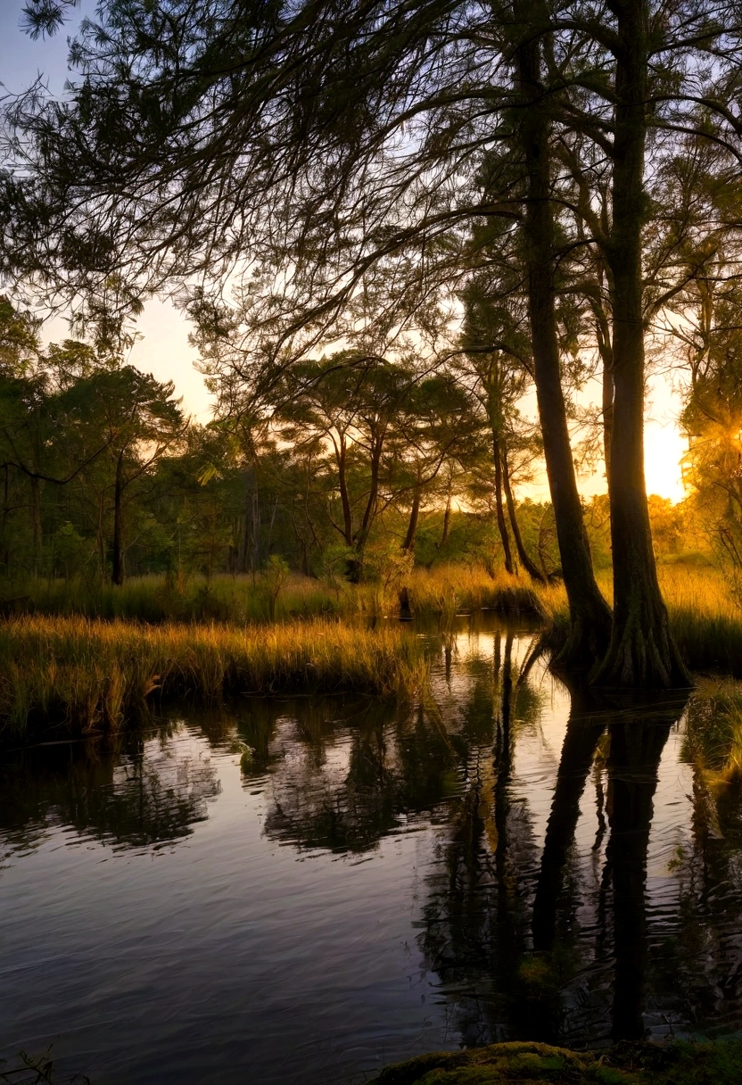 A swamp with trees and still water, illuminated by the evening light
