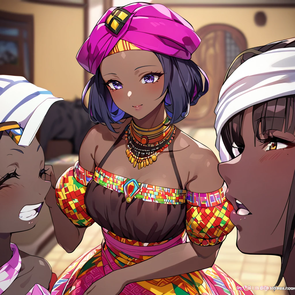 ((Highest quality)), ((masterpiece)), (detailed), （Perfect Face）、The woman is Momo Belia Deviluke, a Ghanaian by birth, with a vibrant dark skin, black by birth, and is wearing a vibrant Ghanaian dress, a vibrant turban head scarf, gorgeous jeweled accessories, and an engagement ring.、The woman was the elegant Momo Belia Deviluke, with pink afro short hair tied in Ghana braids, wearing a colorful Ghanaian dress and a colorful turban headscarf, with vibrant dark brown skin, a natural-born black and Ghanaian, Momo Belia Deviluke.、（The woman is a black Ghanaian with vivid dark brown skin.）、The woman is raising children and doing village work with other village girls in her village in Ghana.