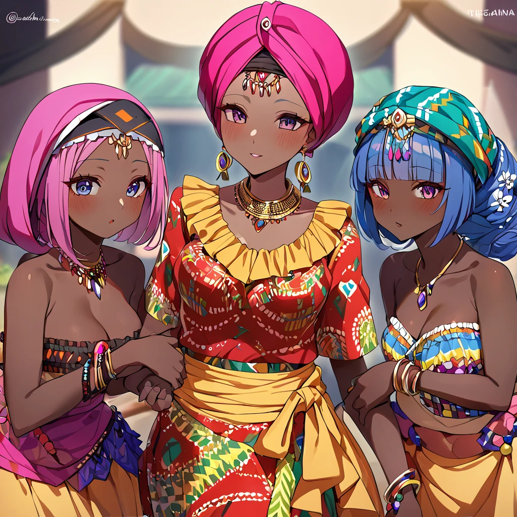 ((Highest quality)), ((masterpiece)), (detailed), （Perfect Face）、The woman is Momo Belia Deviluke, a Ghanaian by birth, with a vibrant dark skin, black by birth, and is wearing a vibrant Ghanaian dress, a vibrant turban head scarf, gorgeous jeweled accessories, and an engagement ring.、The woman was the elegant Momo Belia Deviluke, with pink afro short hair tied in Ghana braids, wearing a colorful Ghanaian dress and a colorful turban headscarf, with vibrant dark brown skin, a natural-born black and Ghanaian, Momo Belia Deviluke.、（The woman is a black Ghanaian with vivid dark brown skin.）、The woman is raising children and doing village work with other village girls in her village in Ghana.