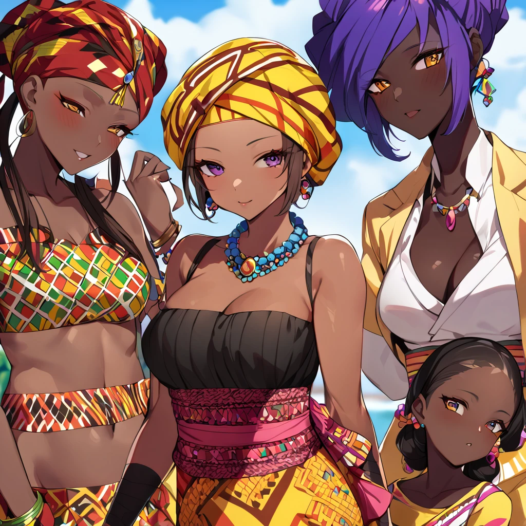 ((Highest quality)), ((masterpiece)), (detailed), （Perfect Face）、The woman is Momo Belia Deviluke, a Ghanaian by birth, with a vibrant dark skin, black by birth, and is wearing a vibrant Ghanaian dress, a vibrant turban head scarf, gorgeous jeweled accessories, and an engagement ring.、The woman was the elegant Momo Belia Deviluke, with pink afro short hair tied in Ghana braids, wearing a colorful Ghanaian dress and a colorful turban headscarf, with vibrant dark brown skin, a natural-born black and Ghanaian, Momo Belia Deviluke.、（The woman is a black Ghanaian with vivid dark brown skin.）、The woman is raising children and doing village work with other village girls in her village in Ghana.