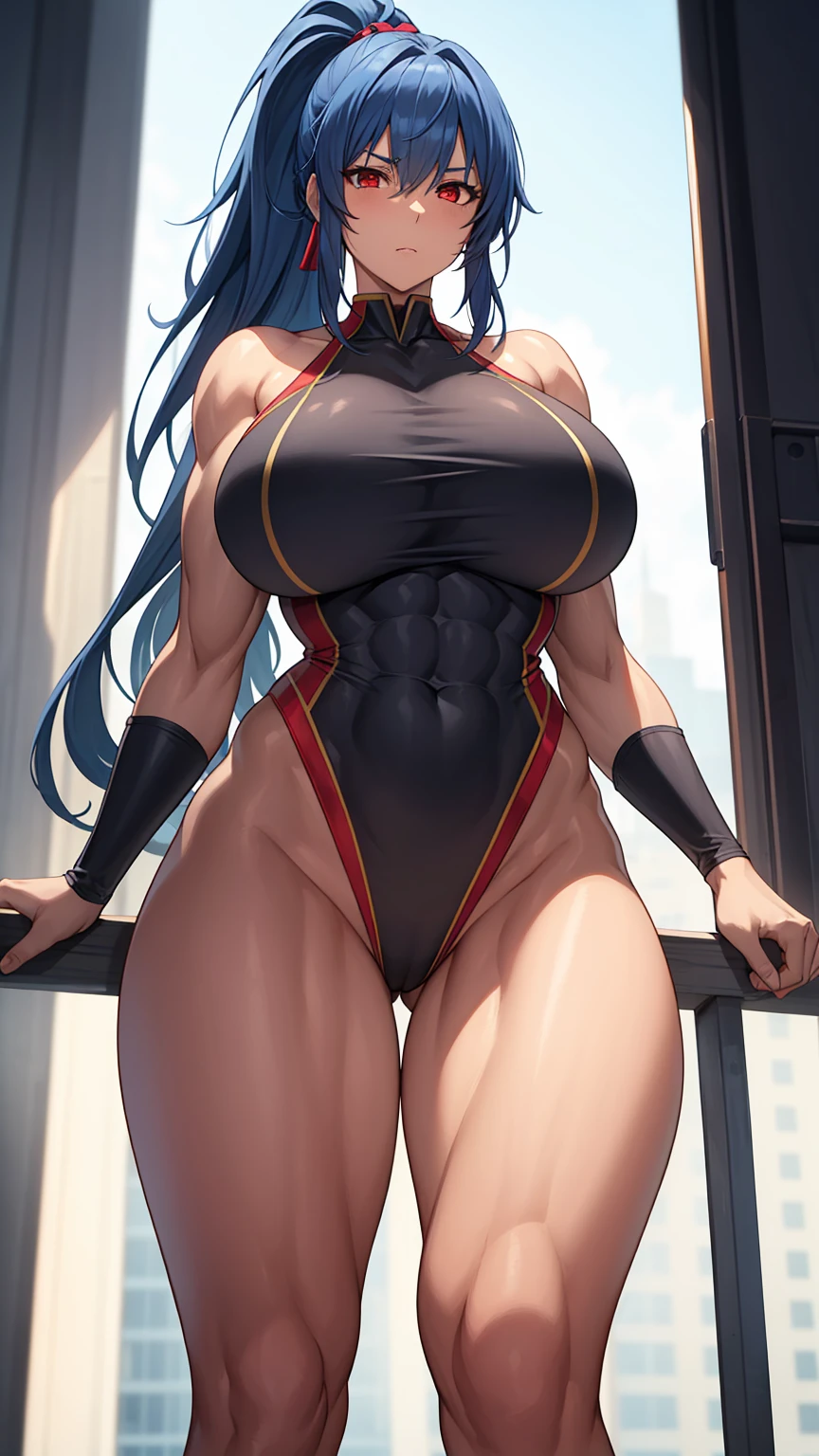 Amazon Woman, slim but muscular body, huge breasts, long legs, blue hair, ponytail hairstyle, red eyes, i don't'don't have shoes, combat uniform, 8K, hd, masterpiece, full body, white background, full body shot, mature woman, mature woman, generous waist circumference, big ass, plus size model, detailed legs and abs