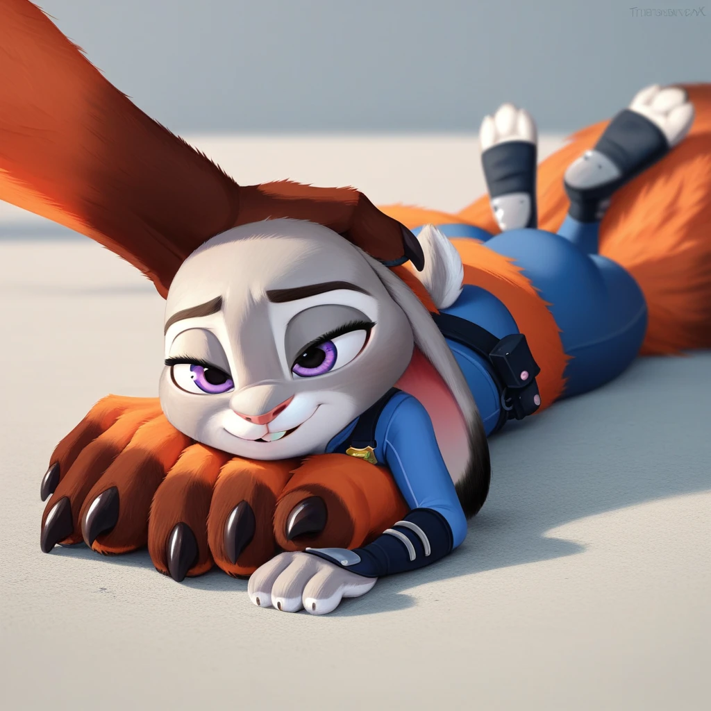 By disney pixar, 3d, duo, by qupostuv35, macro, ((judy hopps, lying face down)), female, zootopia, Police uniform, thigh crushing, (break, (micro nick wilde's head between Judy's thighs)), butt
