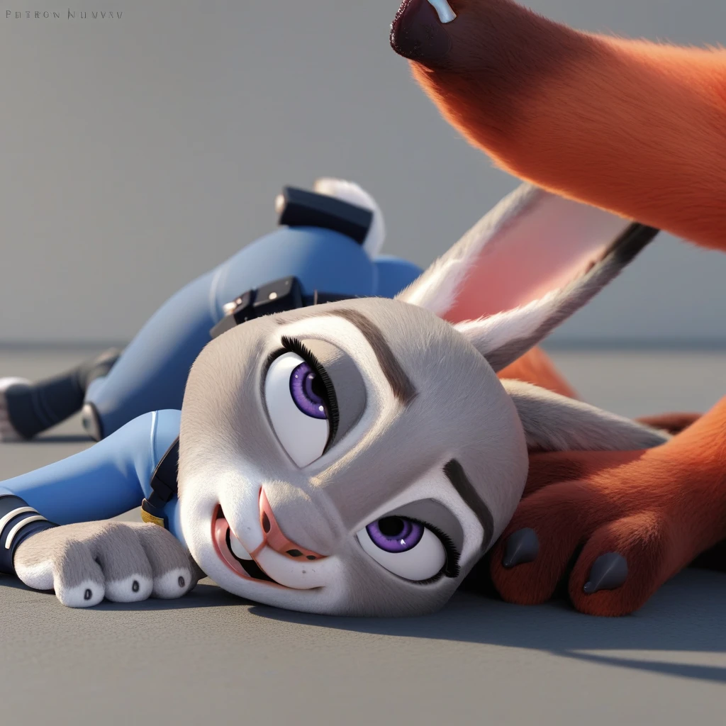 By disney pixar, 3d, duo, by qupostuv35, macro, ((judy hopps, lying face down)), female, zootopia, Police uniform, thigh crushing, (break, (micro nick wilde's head between Judy's thighs)), butt