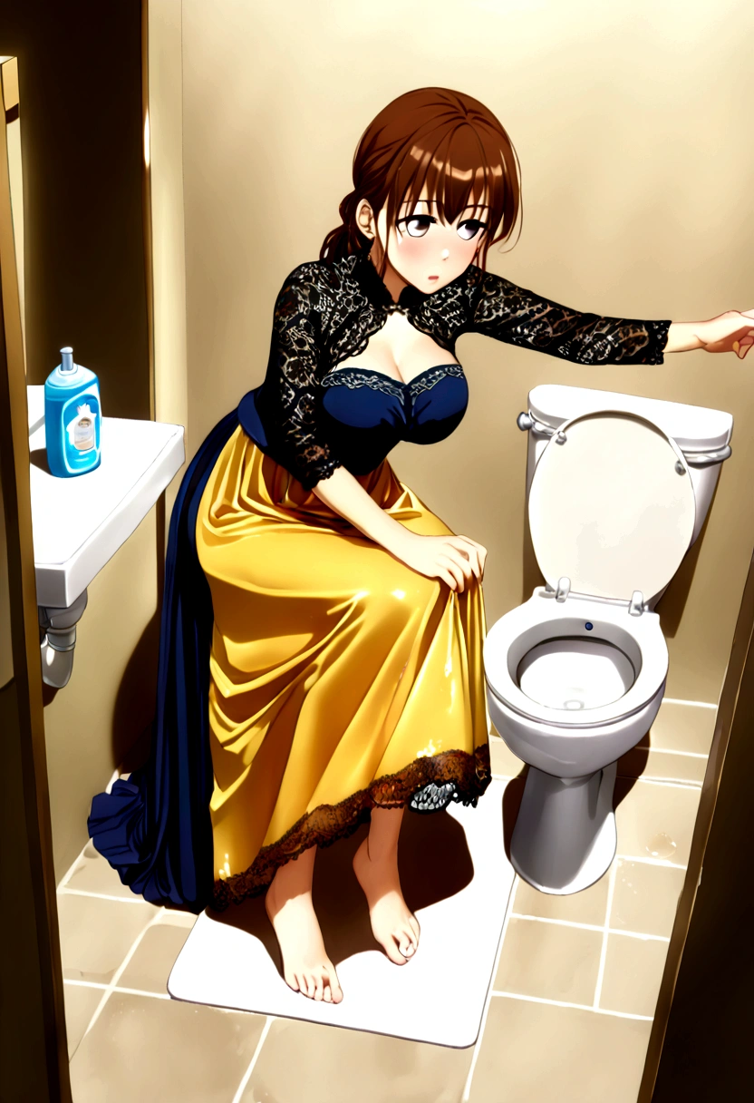 (1 girl, have to pee, pissing herself, pissing, pissing self, I really desperately want to pee, have to pee, have to pee, pissing, pissing self, pissing, pissing self:1.5), (Girl in the toilet, toilet behind the girl, long dress, Lace bolero, long skirt, underskirt, foot products, have to pee, knees together and legs apart, Skirt lift, Undressing panties:2), (hand between legs, leaning forward:1.5), (To shrug:2), (erotic body turn:1.5), (impatient, timid, blush all over the face, embarrassed, choky, panic, wet eyes:1.5), (the girl can&#39;t stand straight:1.6), (Best quality:2), (detailed face, draw up, lips), Above