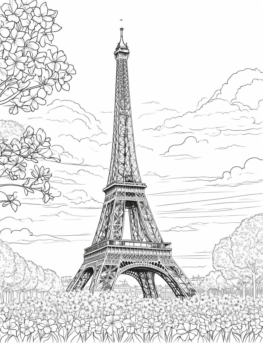 ((The Eiffel Tower with a clear sky and a few clouds, surrounded by trees and flowers at the Champ de Mars.)), (black and white), (masterpiece), (coloring page), line art drawing, graphic, (simple line art), vector graphics, Clear and Distinct Lines, Varied Line Weights, Smooth curves, Bold outlines, Crisp shapes