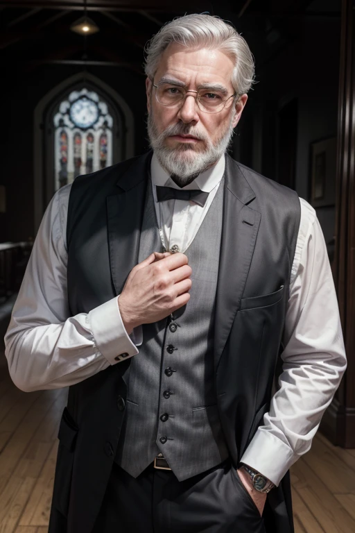 Man; 50 years; average height; lean; gray beard; gray hair; round glasses; clerical attire; black suit; vest; White shirt; pocket watch; rosary; black cassock; respectful; charismatic; paternal; central figure; investigator; determined; Old West RPG 1890.