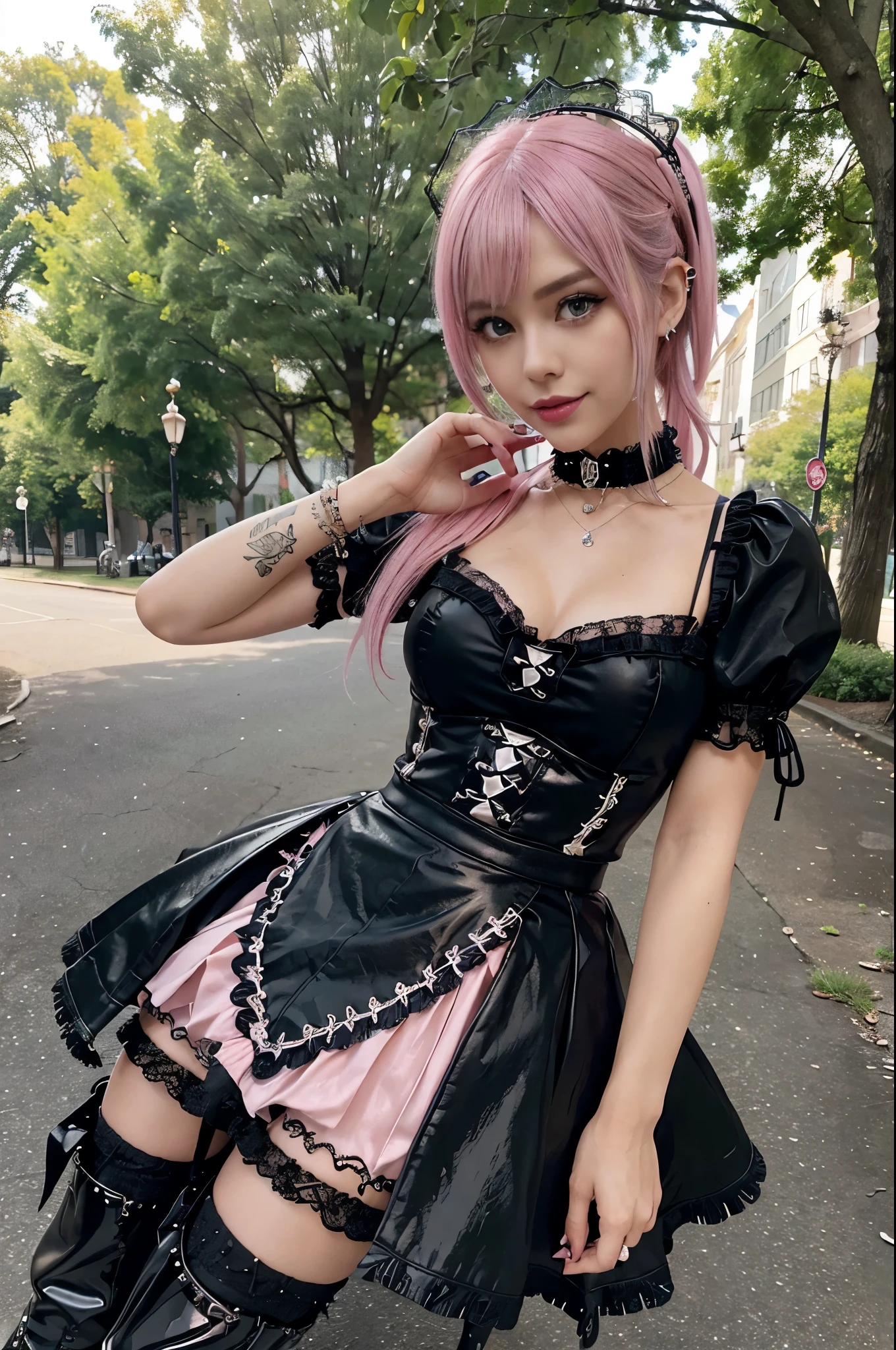 sexy stylish Swedish model, only 1 female, ((doll-like appearance)), short neon pink stylish hair, ((shiny Punk-Style boots)), (beautiful smile), ultra detailed eyes, long lashes, metallic makeup, lip-gloss, ((sexy Punk ta cosplay)), unconventional skirt, petticoats, high neckline, ((ultra detailed lace)), ((ultra detailed embroidery)), intricate details, tartan patterns, Punk Loliccessoires, Punk Lolita cr, ((large sparkling Punk Lolita jewel, cinematic light, detailed large park background with trees