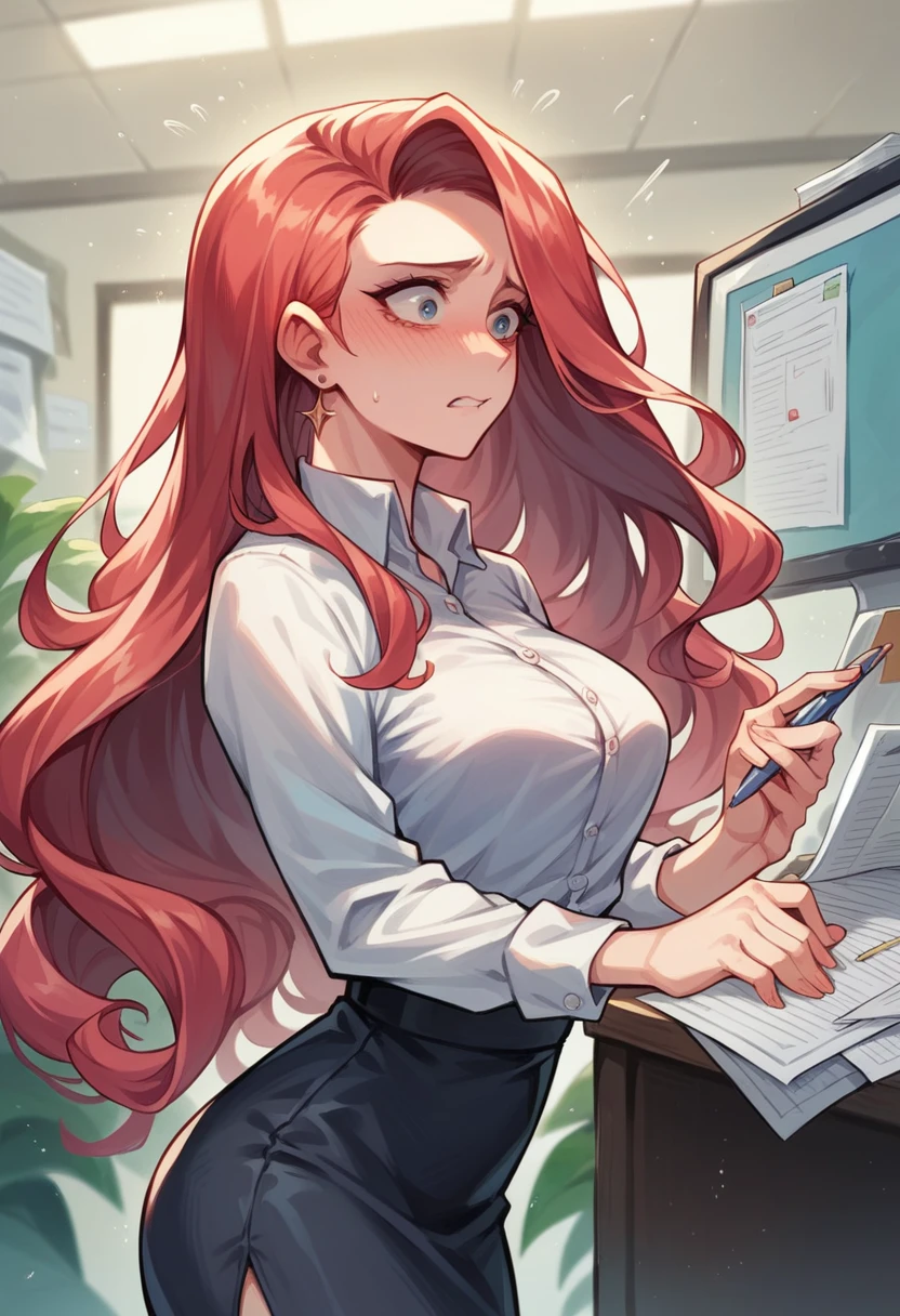 Close-up, office, woman, pretty style, long hair, falling dynamically, spilling documents, clumsy, panicked, embarrassed, , glamorous, eyes sparkling beautifully