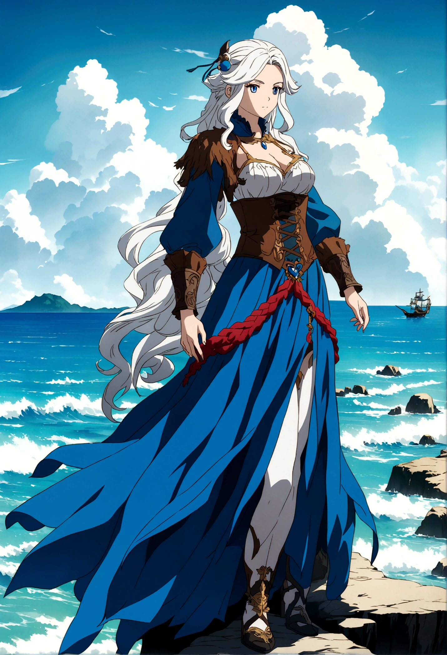 woman with white hair and blue dress standing on a rock in the ocean, anime fantasy artwork, pirate clothes, anime fantasy illustration, beautiful fantasy anime, fantasy art style, white haired deity, epic fantasy art style, sea queen Mu Yanling, epic fantasy art style hd, 极其详细的Artgerm, 2. 5 d cgi anime fantasy artwork
