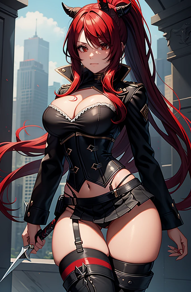 Rogue human woman, with red hair and black streaks, long high ponytail, white corset, black mini skirt, black thigh high boots, black jacket, with a dagger, red eyes.