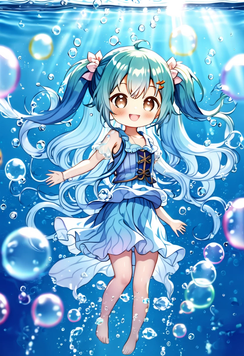Chibi character in water with lots of bubbles　Lots of big bubbles　Rainbow bubbles　Light blue long hair　Twin-tailed Chibi Character　In crystal clear water　Smiling Girl