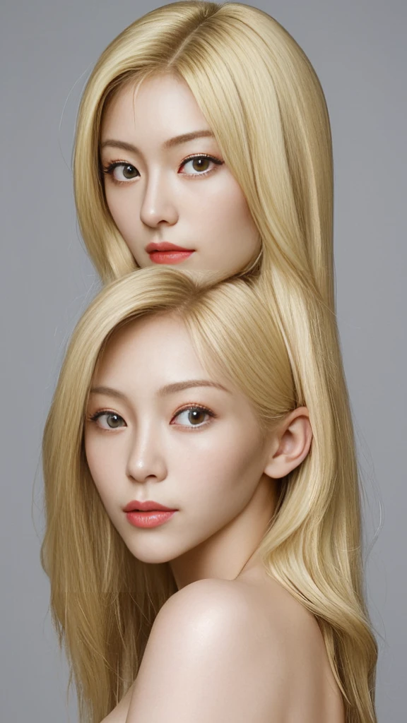 Woman in her 30s, blonde, long hair, sexy, lustrous, narrow eyes, small face, tall, slanted eyes, fair breasts